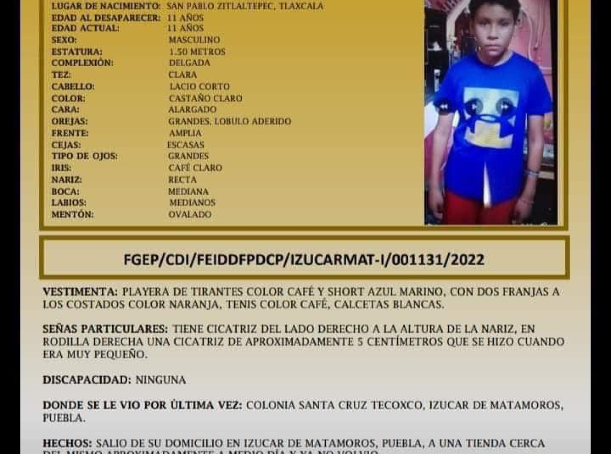 Desaparece niño de 11 años en Izúcar de Matamoros 