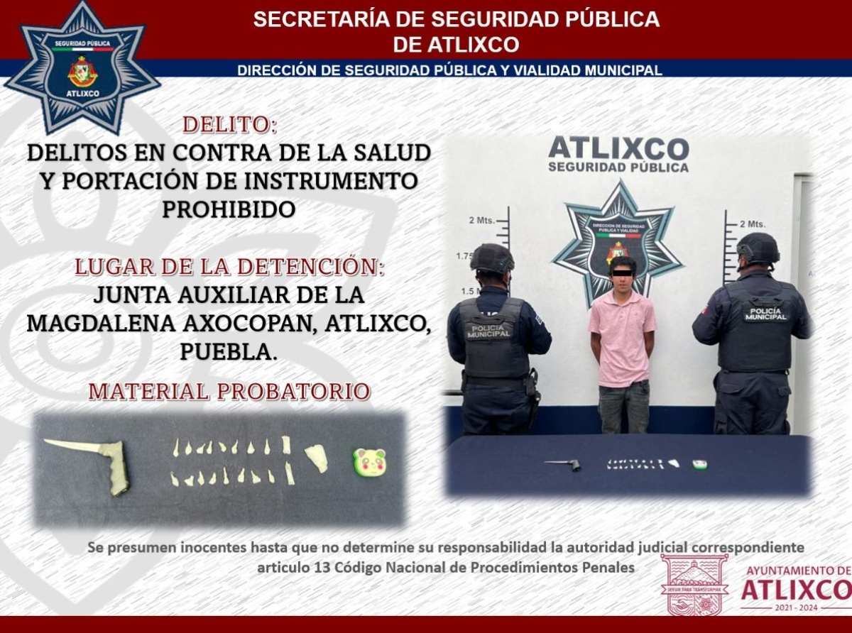 Seguridad Pública de Atlixco detiene a masculino en Axocopan con aparente droga
