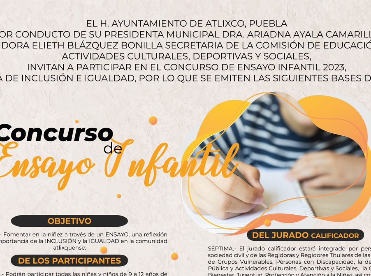 Ayuntamiento de Atlixco invita a participar en el concurso de ensayo infantil 2023