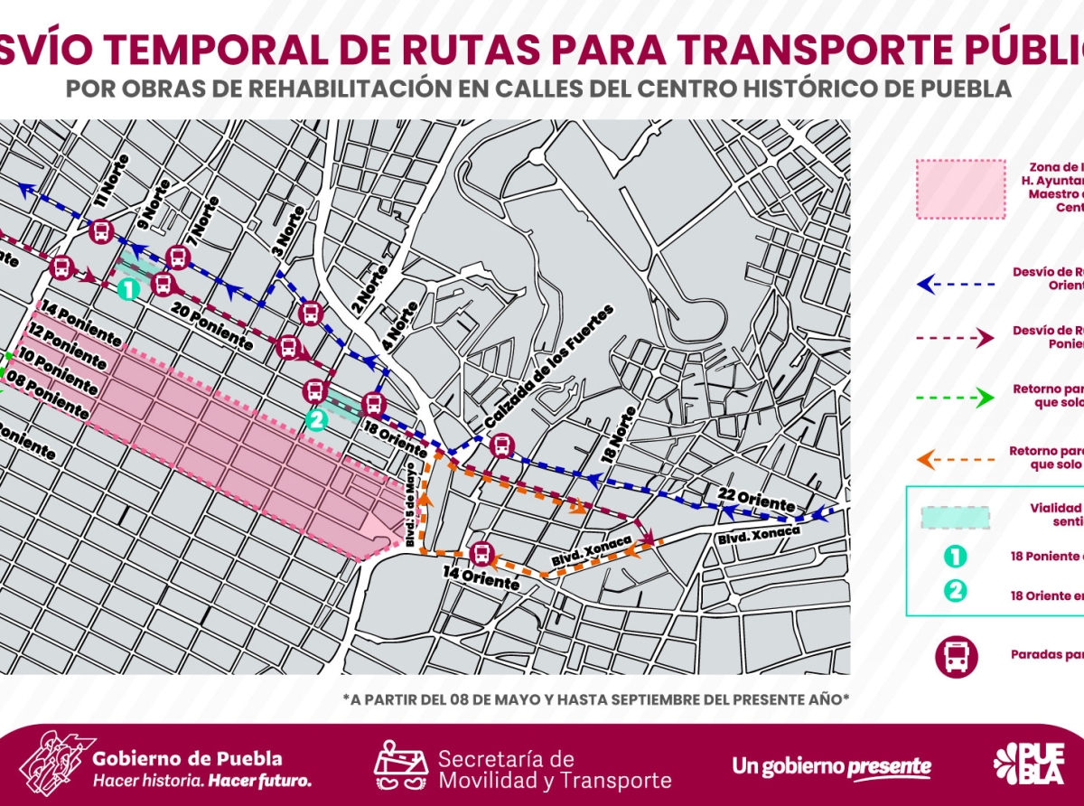 ¡Tómalo en cuenta! Transporte público en Puebla tendrá nuevo recorrido por obras en Centro Histórico