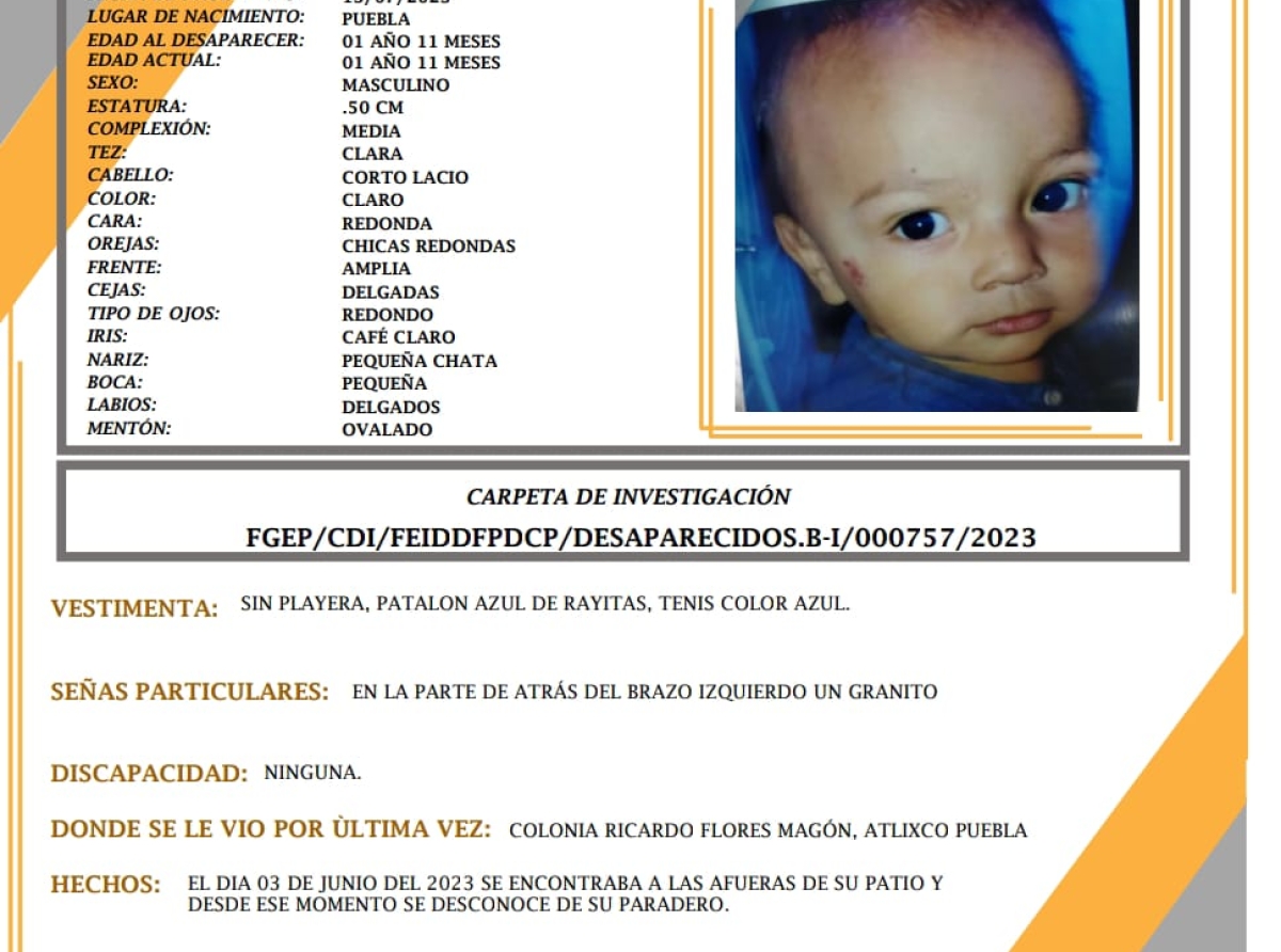Niño de casi dos años se encuentra desaparecido en Atlixco 