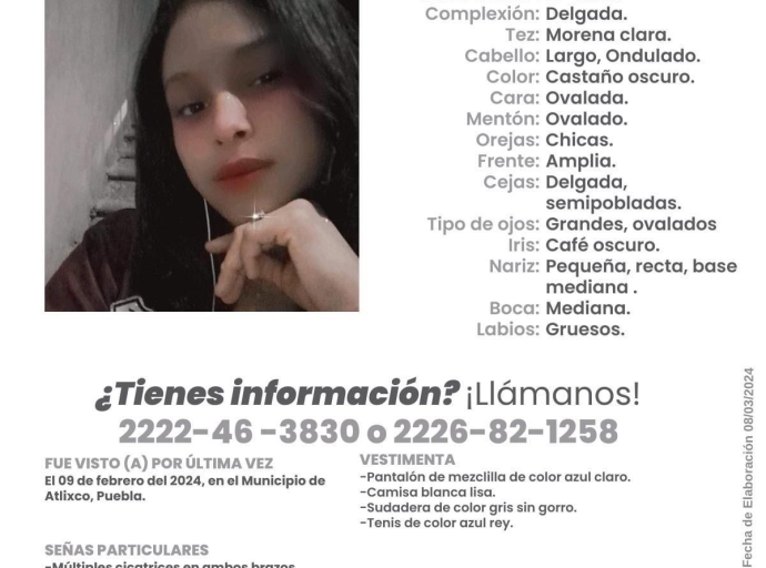 Activan alerta AMBER por menor de origen hondureño desaparecida en Atlixco